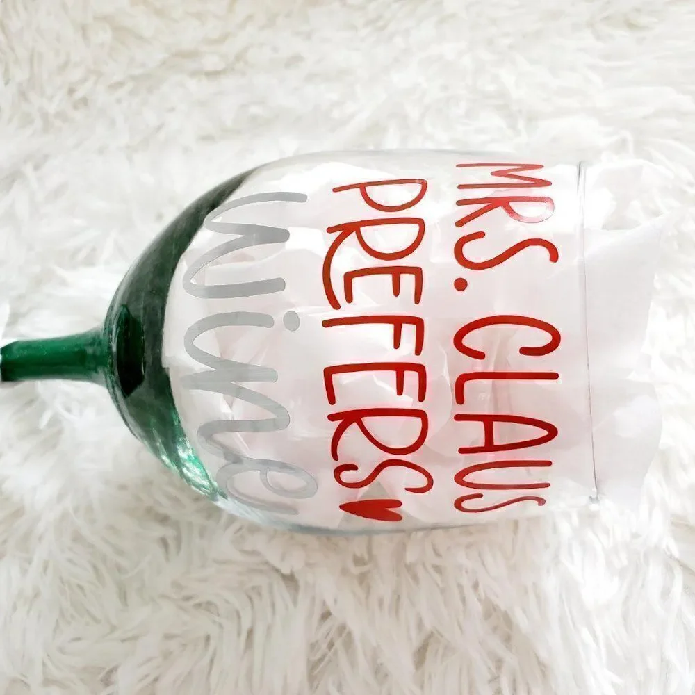 Mrs Claus Prefers Wine Green Glittered Stemmed Wine Glass, Funny Christmas Glass